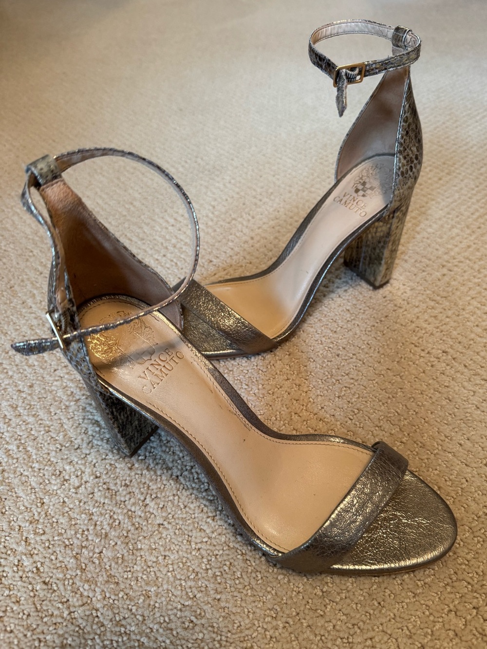 Vince Camuto Gold Snake Metallic Ankle-Strap Block Heel Sandals Size 9